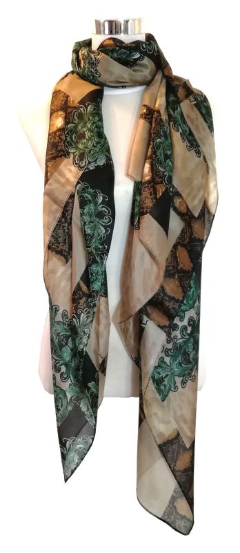 Scarf 100% Silk Paj Festive Colorful Dark Green Black Braun